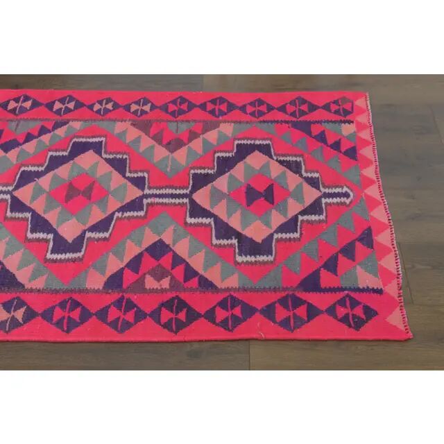 1970s Vintage Turkish Hand-Knotted Wool Cotton Pink Runner Rug 91x312