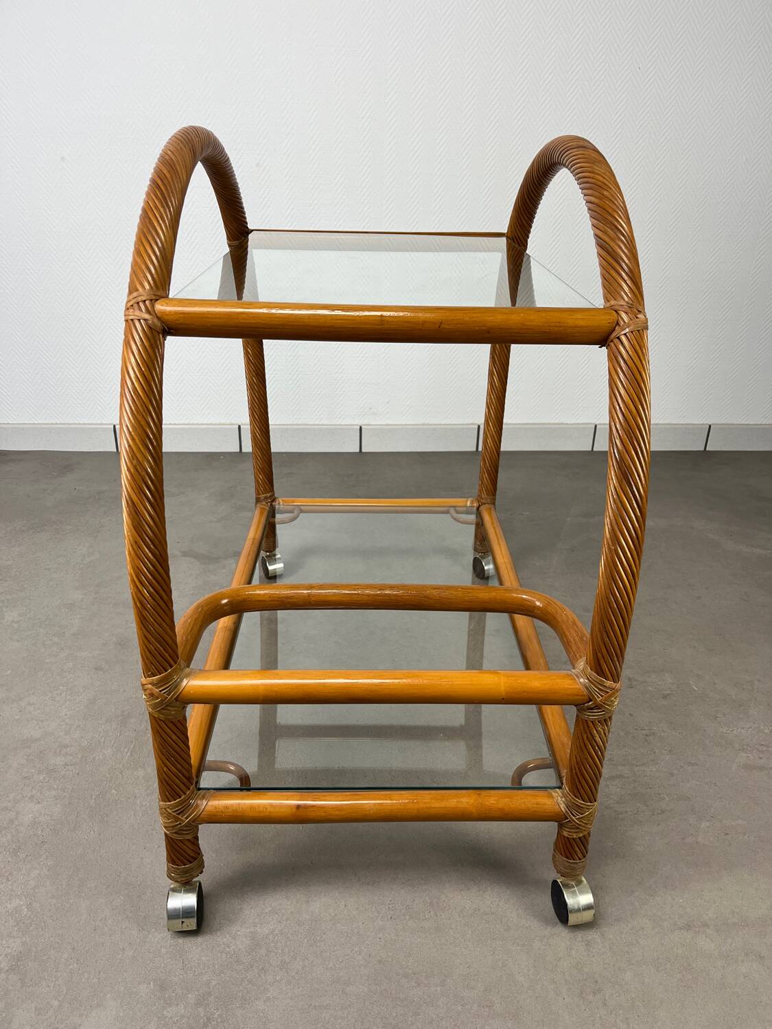 Glass and rattan dessert trolley, bar cart