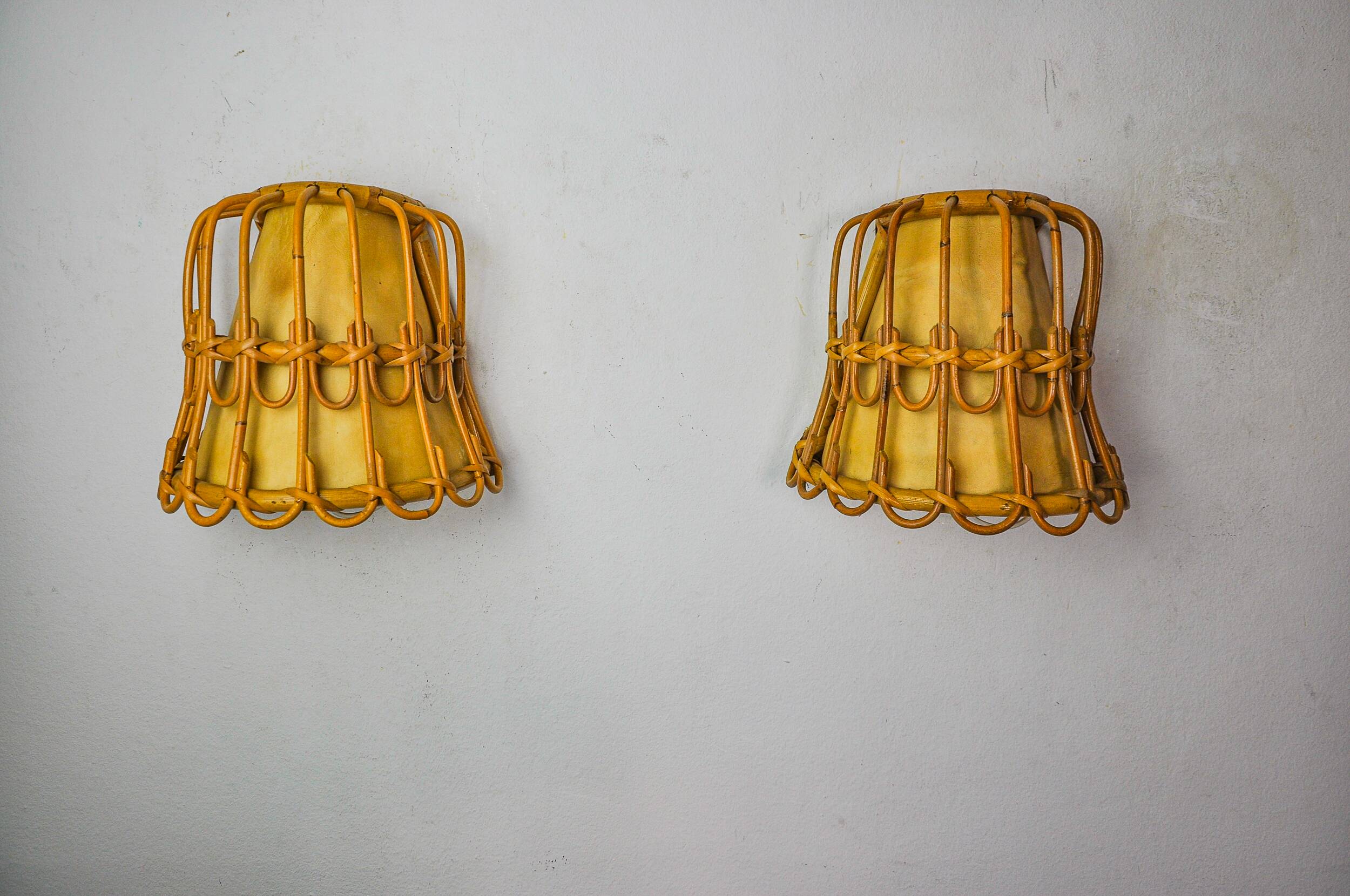 Pair of rattan wall lights, France, 1960
