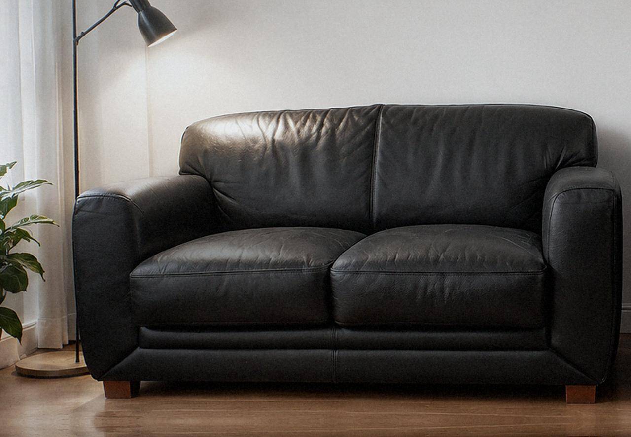 Leather sofa and armchair in black cowhide, brand Steiner.