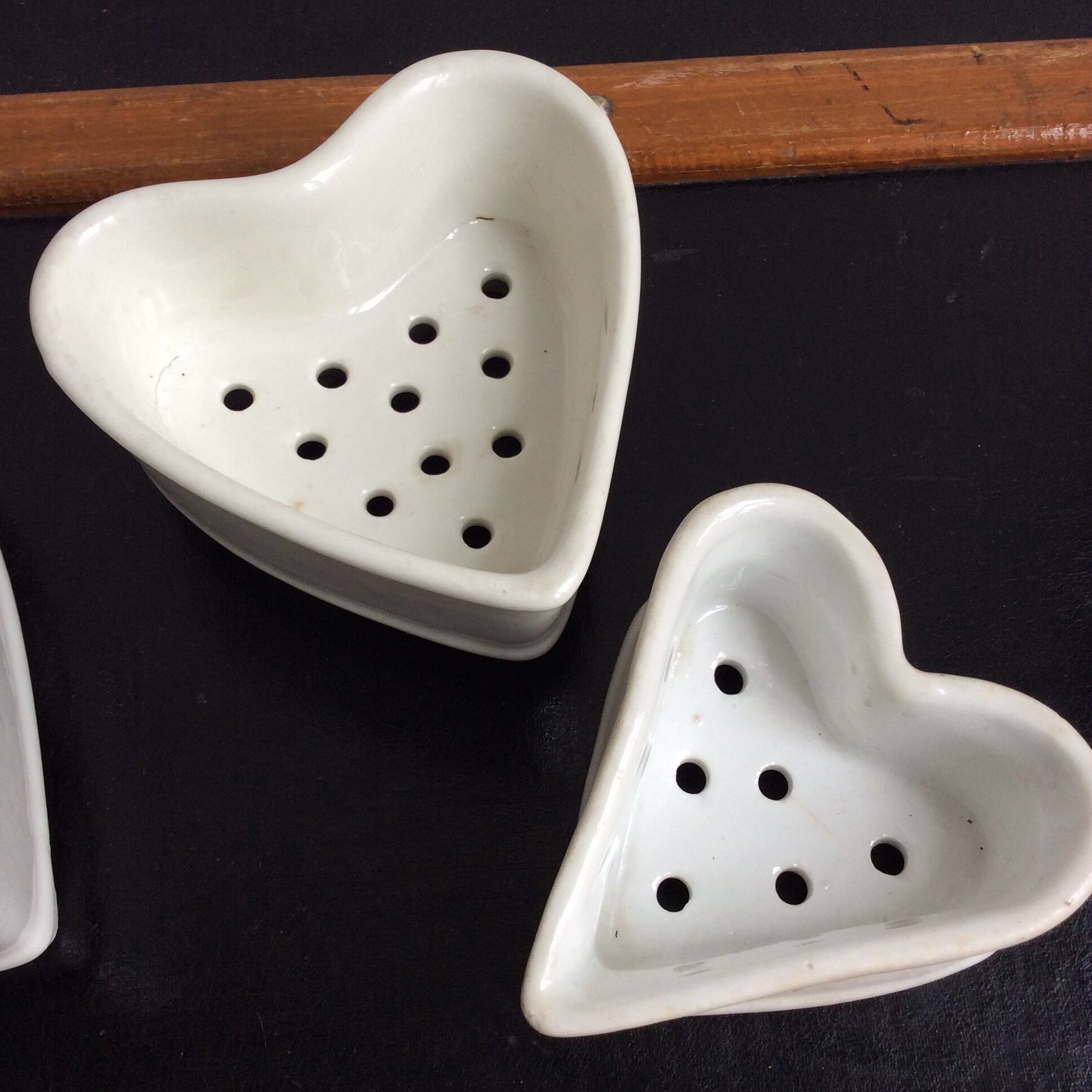 Three cheese molds faisselles coeur neufchatel vintage white earthenware