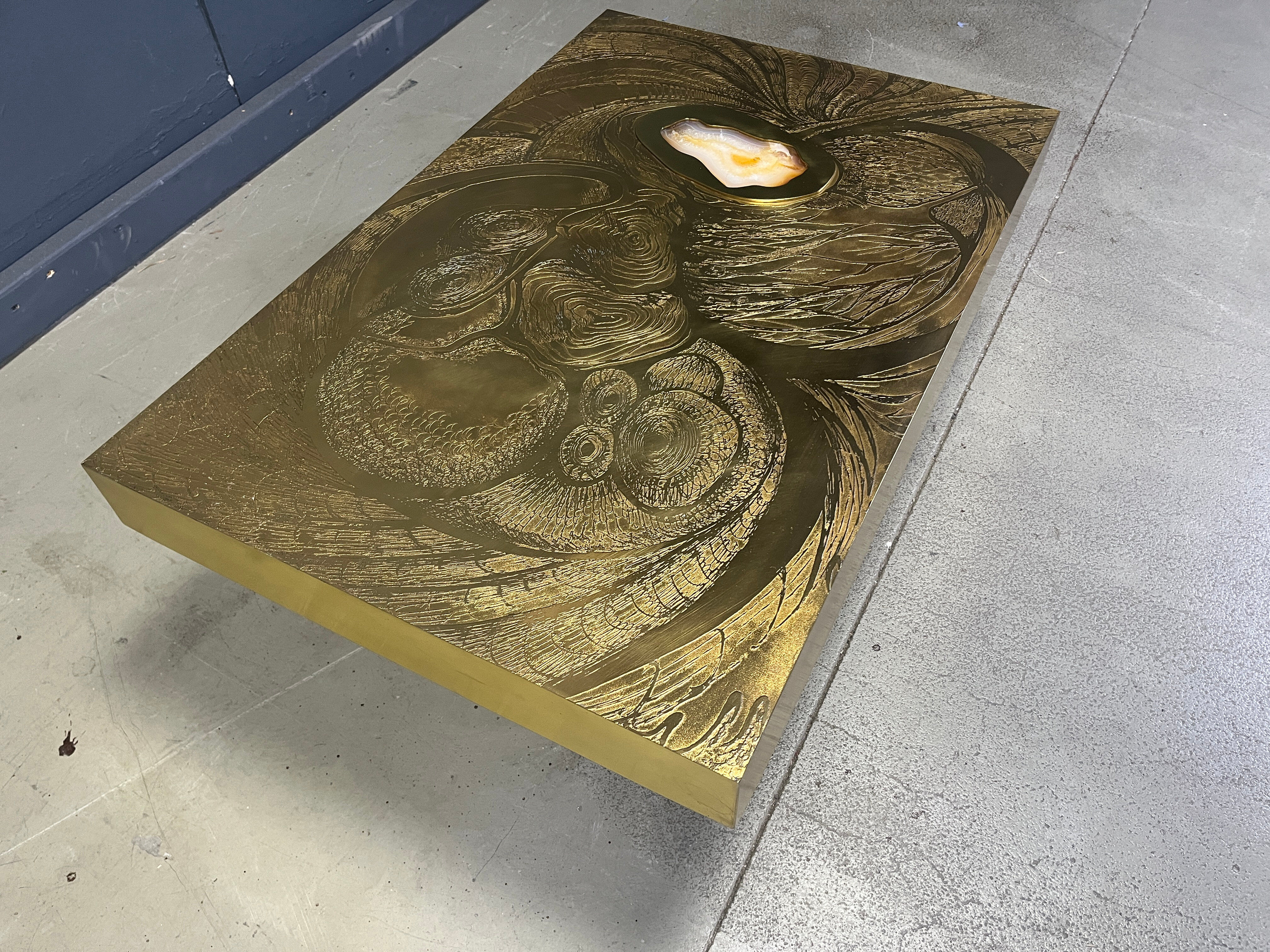 Etched brass and inlaid agate coffee table by Felix De Boussy, Belgium