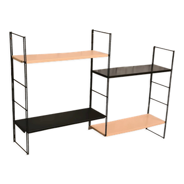 Etagere 1960 a 70 metal 4 tablettes creme et noir 3 montants, noir torsadé