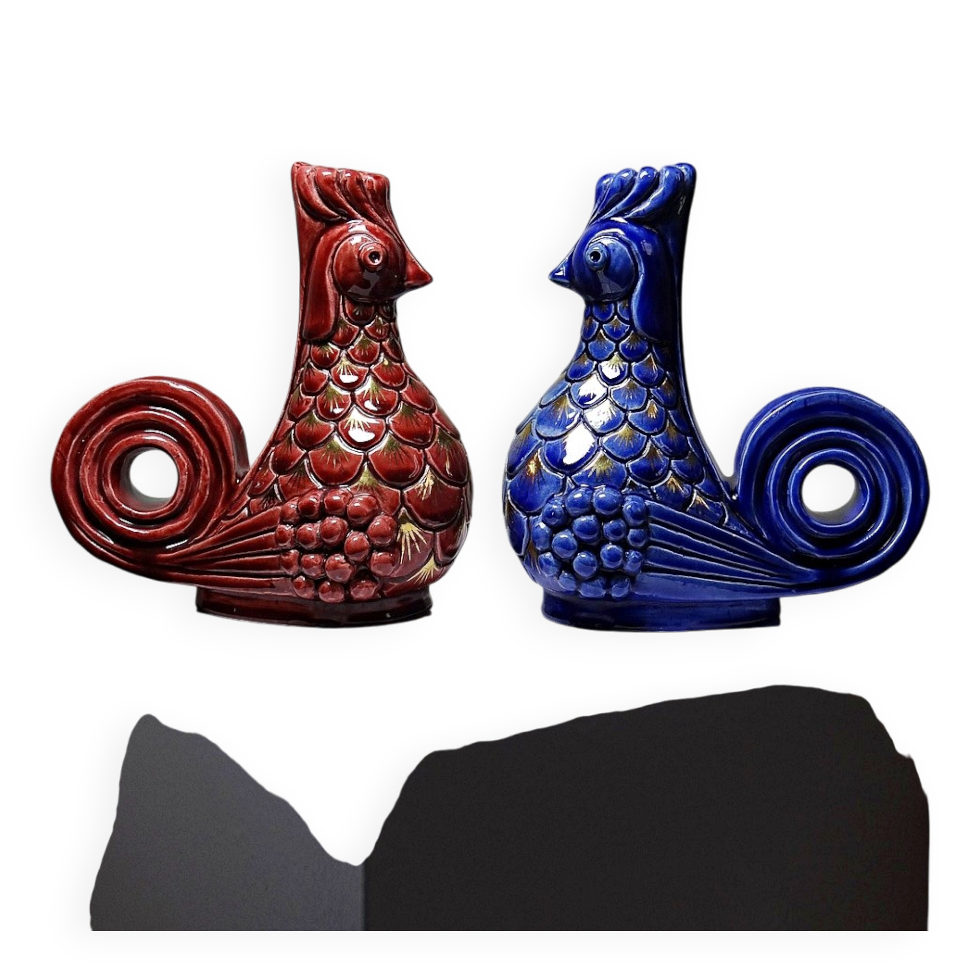 Pair of ceramic glazed candlesticks in the shape of roosters, signed A.G Roger, year 1948.