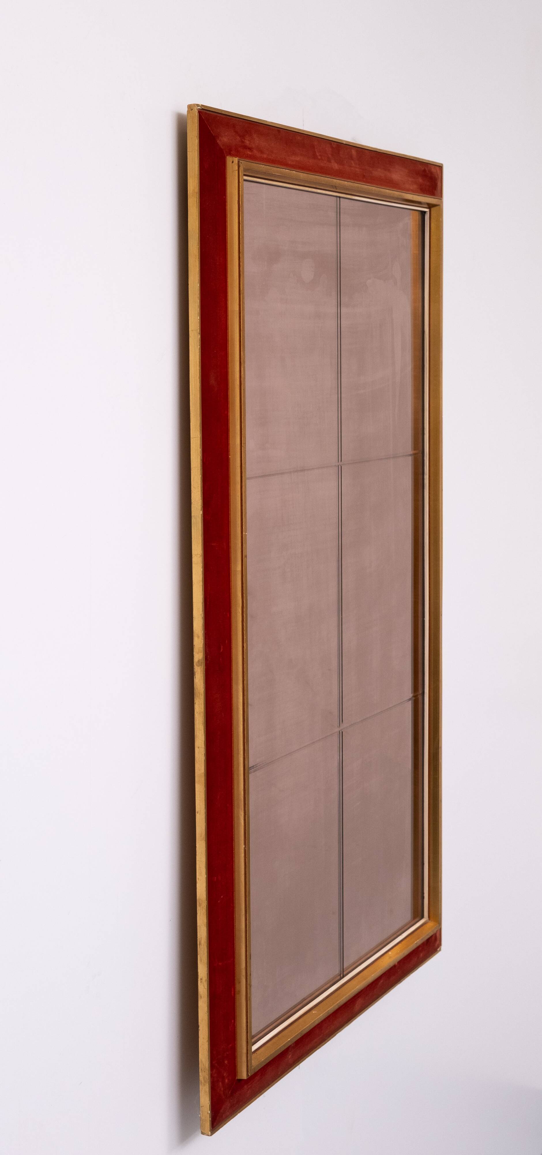 Large Red Velvet Bronze wall Mirror 1960s Italy Status: