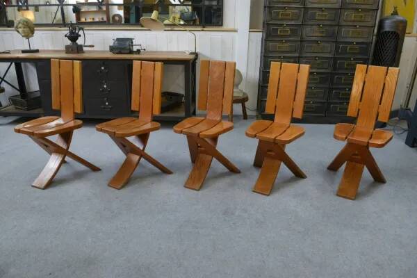 Set of 5 solid oak chairs by Seltz Manufacture 1970's