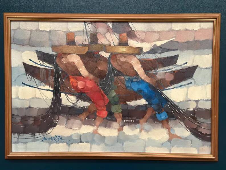 Swedish Oil on Panel"Fishermen" by Marylilla , Vintage and Framed