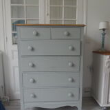 Vintage chest of drawers green gray, 5 drawers, wooden top.