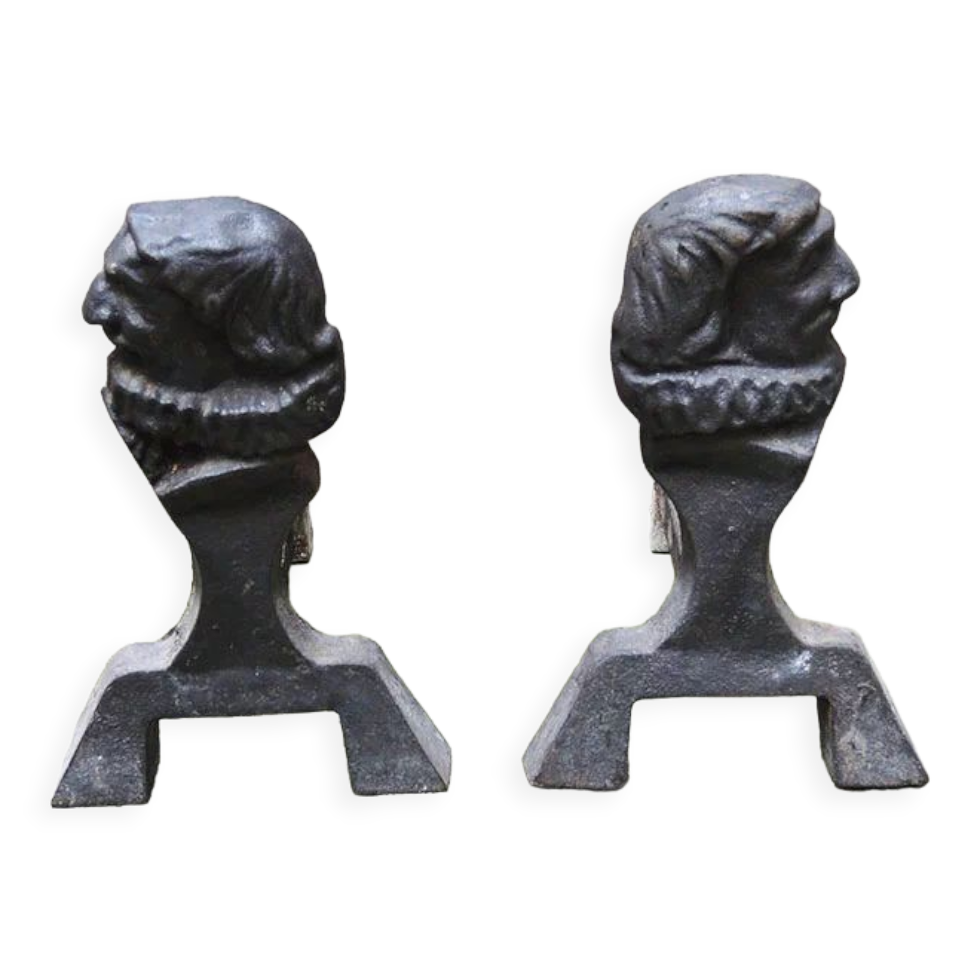 Old Cast Iron Chenets Profile of Man with Collerette