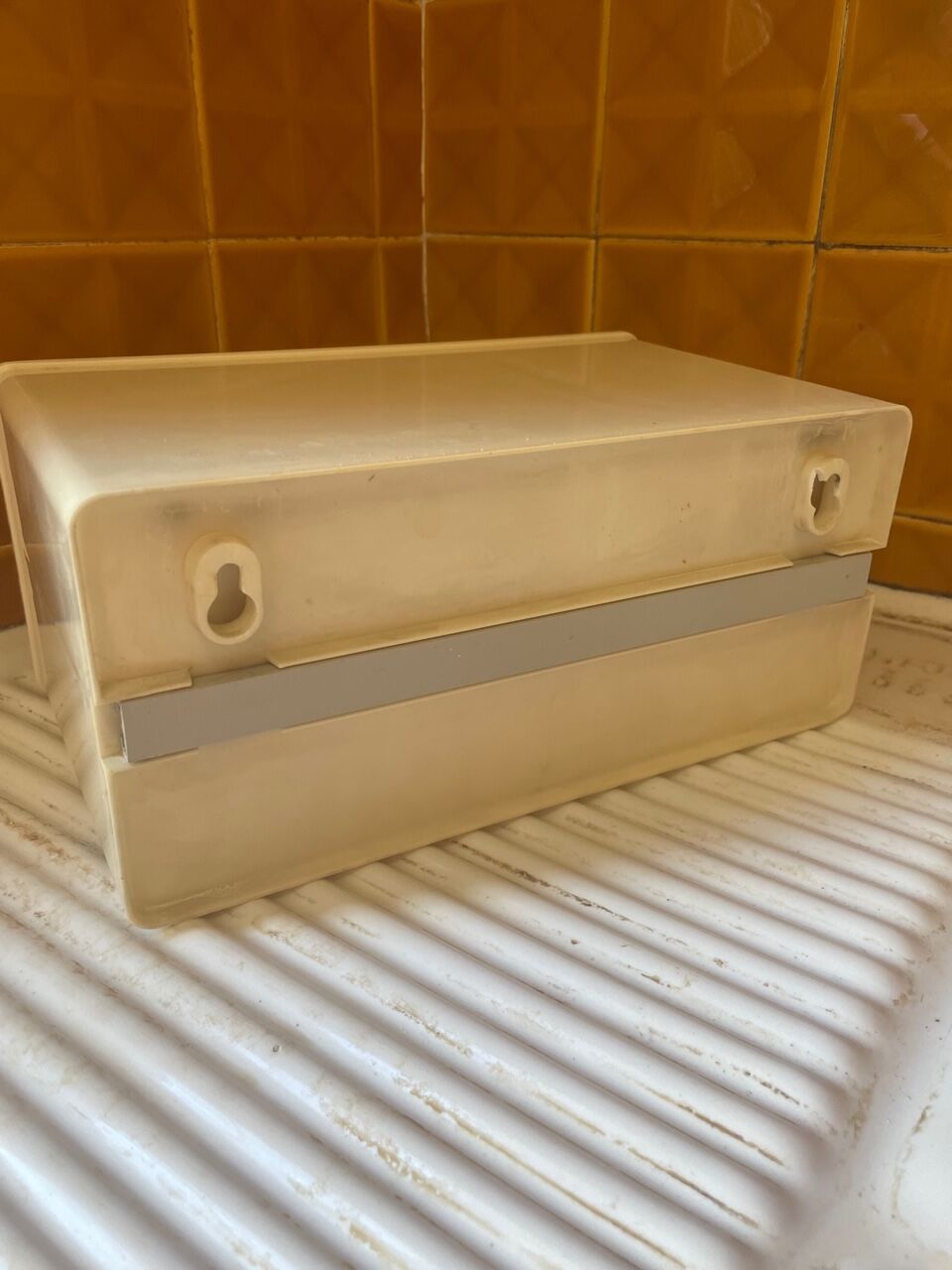 Bakelite white plastic vintage wall storage box with Flair origin label