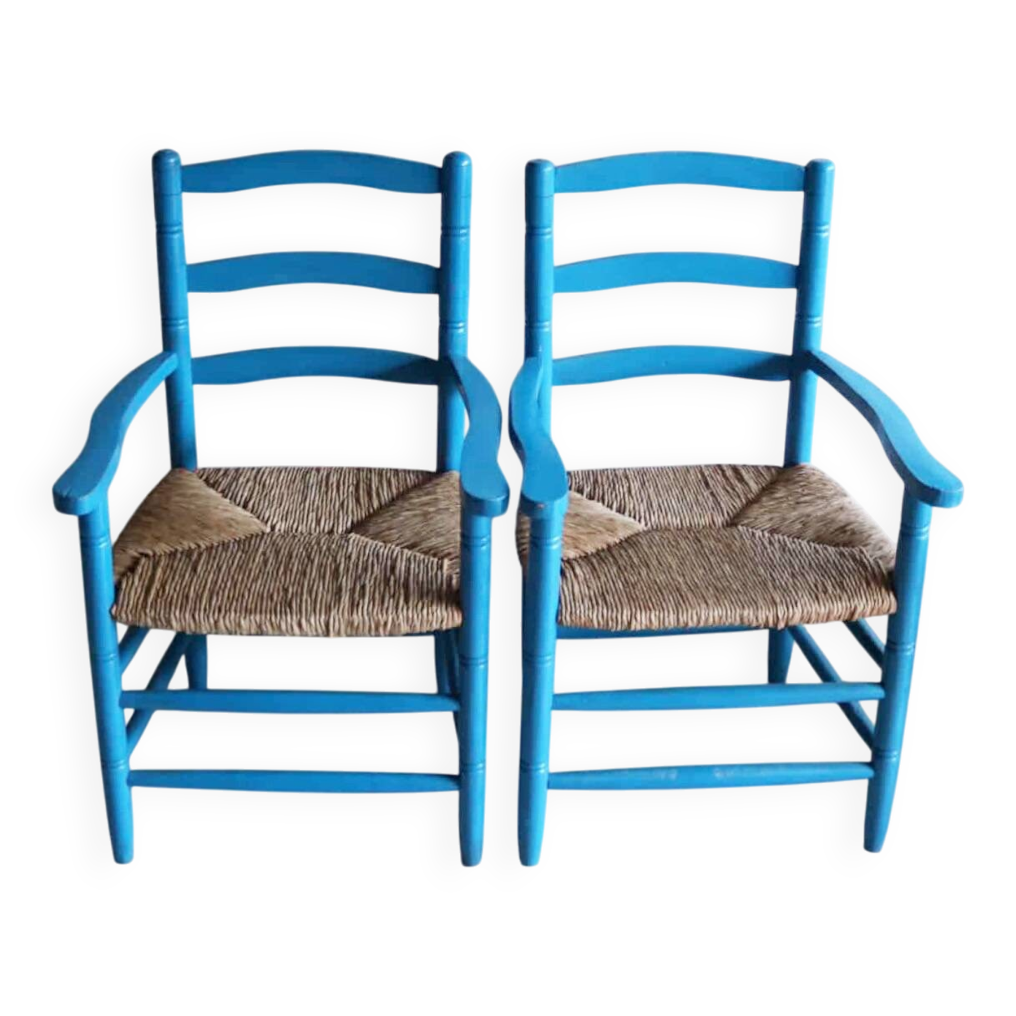 Pair of Provençal armchairs in painted wood and straw, around 1960.