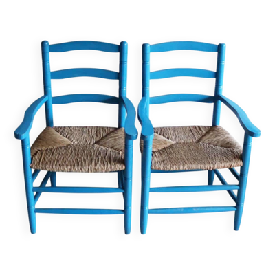 Paire de fauteuils provençaux en bois peint et paille, vers 1960
