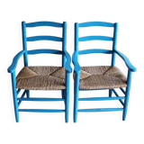 Pair of Provençal armchairs in painted wood and straw, around 1960.