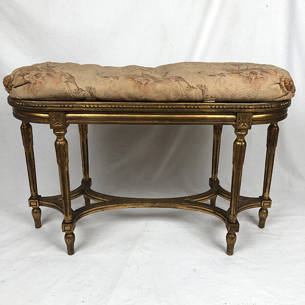 Louis XVI style piano bench, dark gilded cane wood