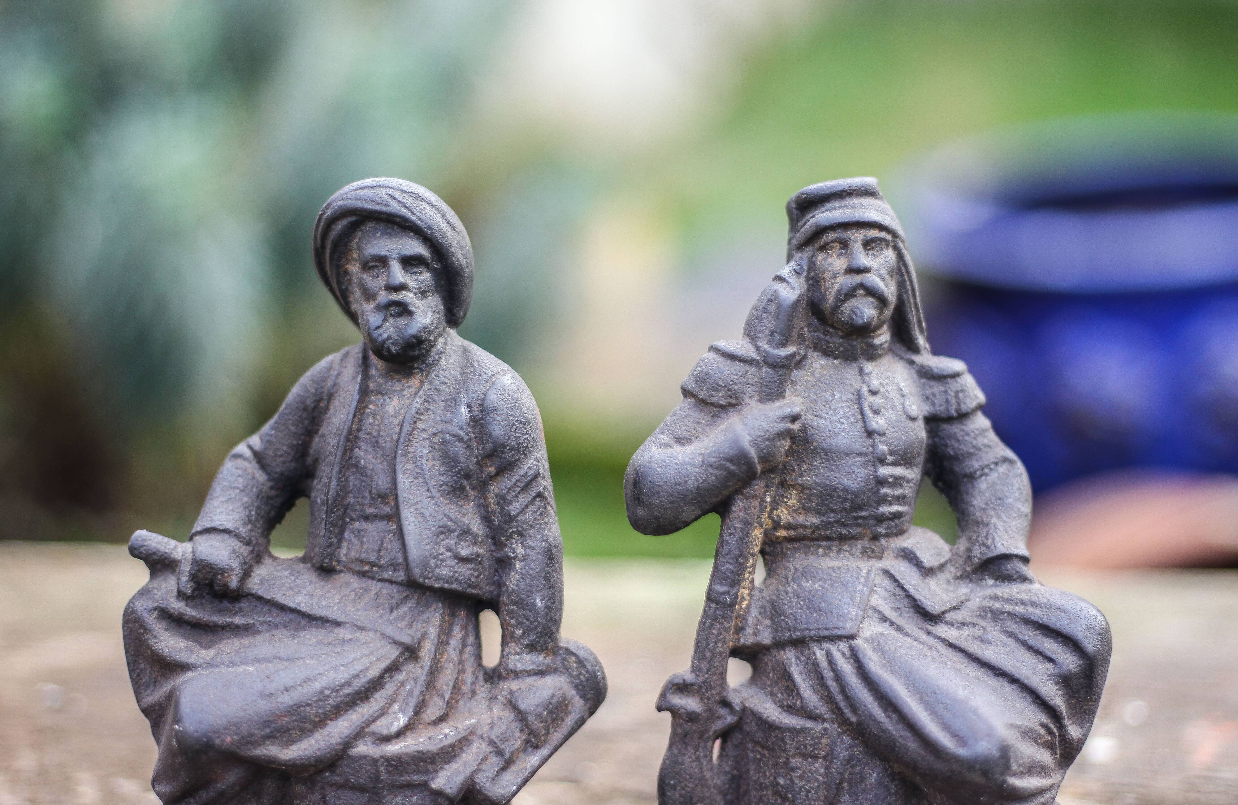 Pair of vintage fireplace andirons, anthropomorphic andirons, fireplace accessories