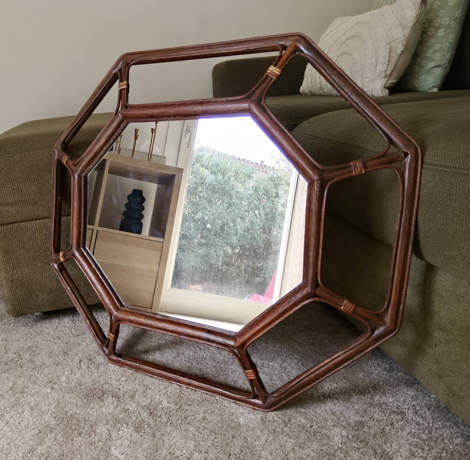 Vintage Italian mirror bamboo and rattan Riviera bohemian chic 1970s