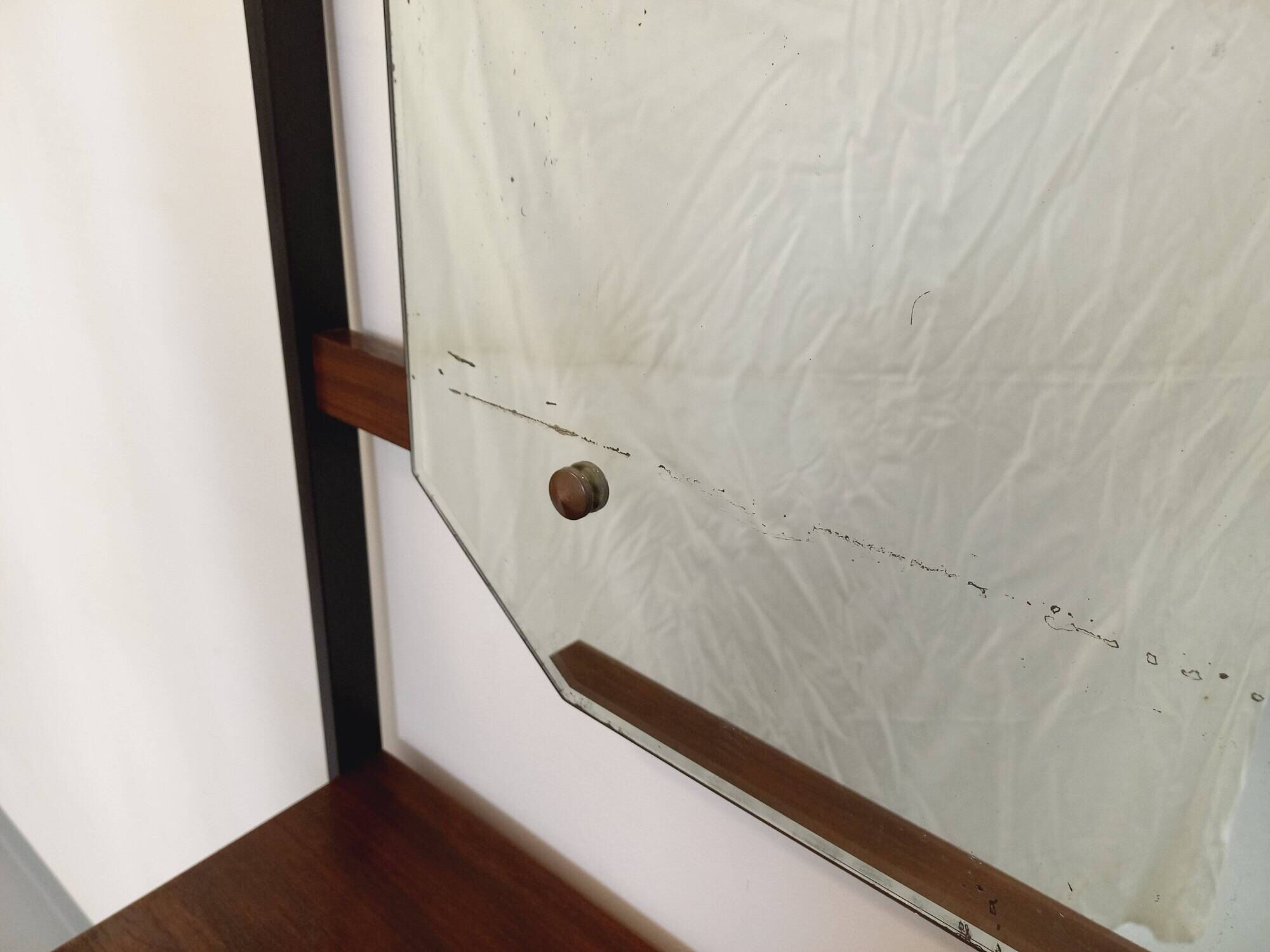 Vintage Italian hall cabinet with mirror and teak shelves