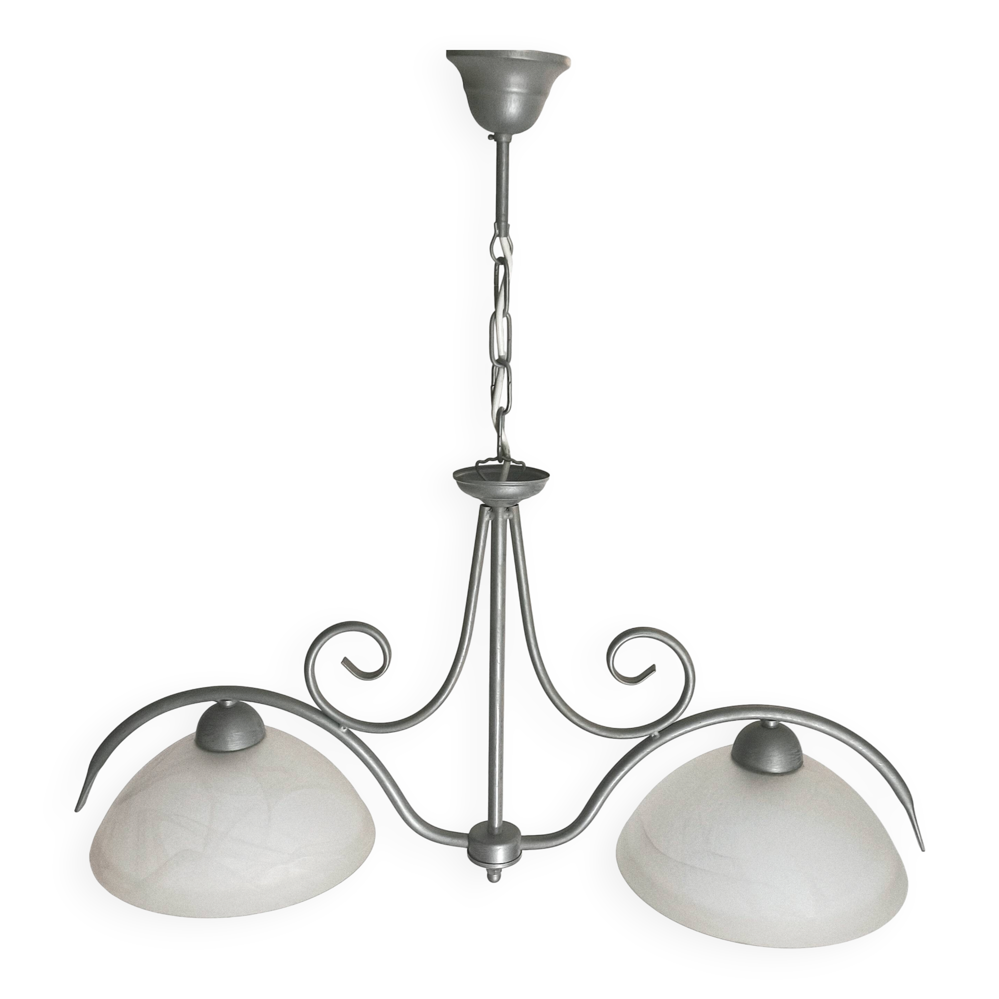 Brushed grey metal double pendant light and alabaster glass.