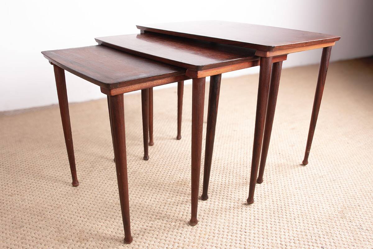Three Danish nesting tables in rosewood by Mobelintersia 1960.