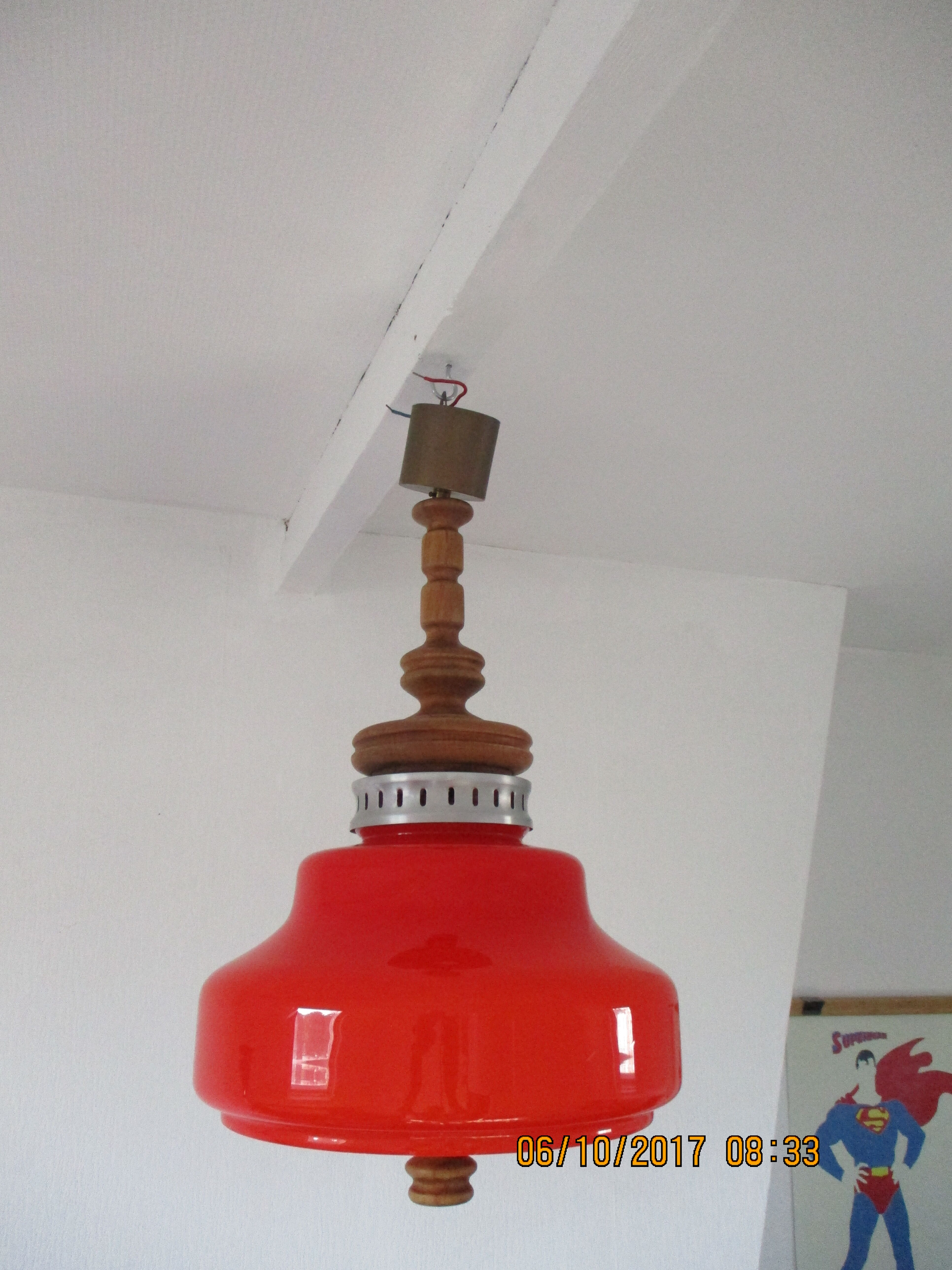 Large suspension in orange opaline and wood design 70s