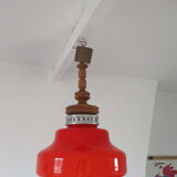 Large suspension in orange opaline and wood design 70s