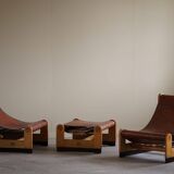 Francesco Lucianetti, Lounge chairs in leather and elm, Italian modern, 1960s