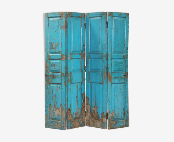 Paravent bleu patine d'origine vieux teck Inde