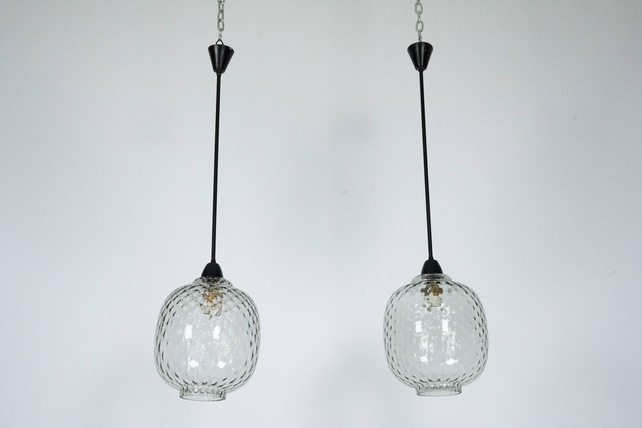 Pair of Mid-Century pendant lamps in smoked Murano glass, Italy, 1950s