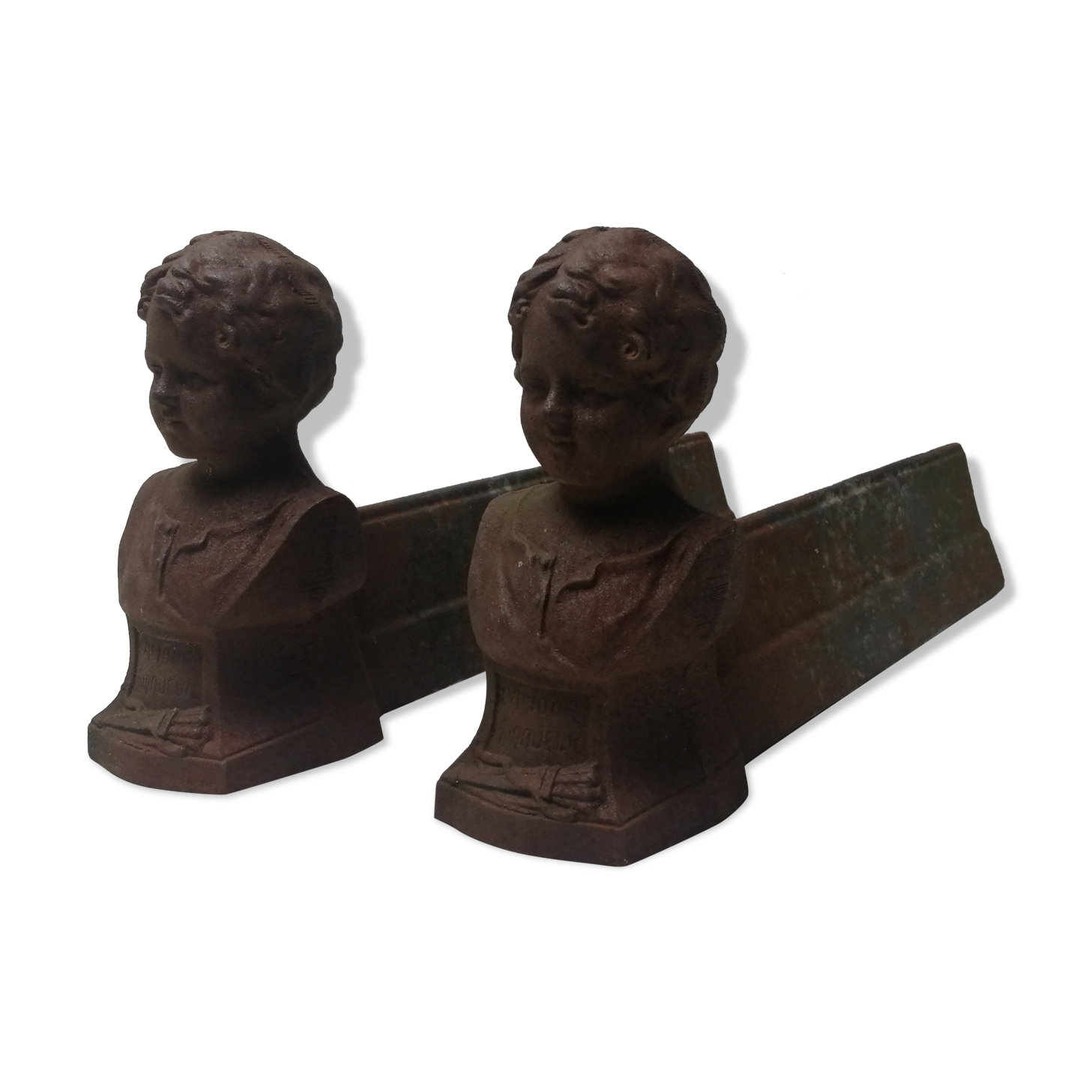 Pair of cast iron fireplace chenets "children"