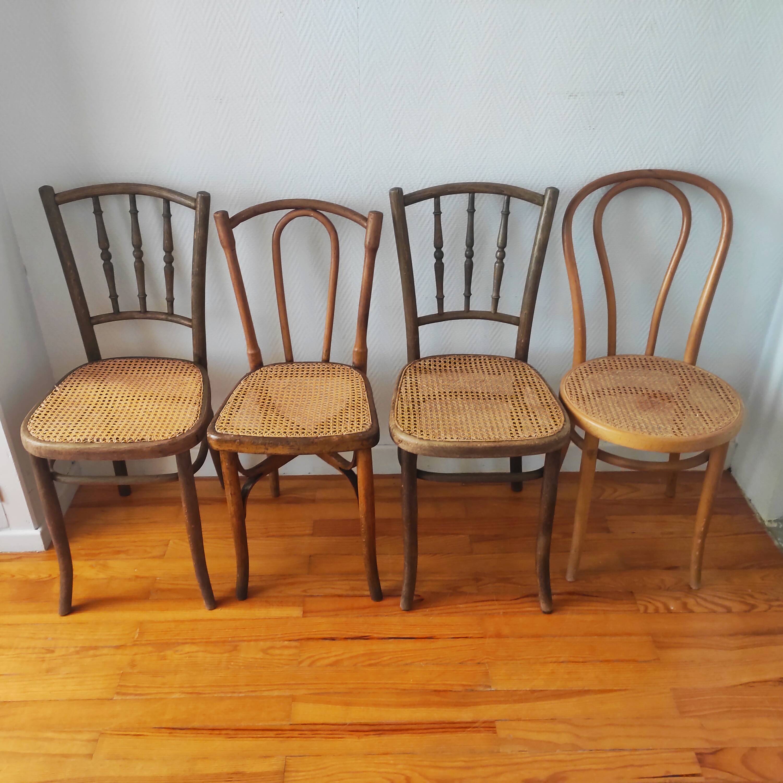4 chaises de bistrot anciennes dépareillées bois et cannage