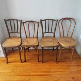 4 chaises de bistrot anciennes dépareillées bois et cannage
