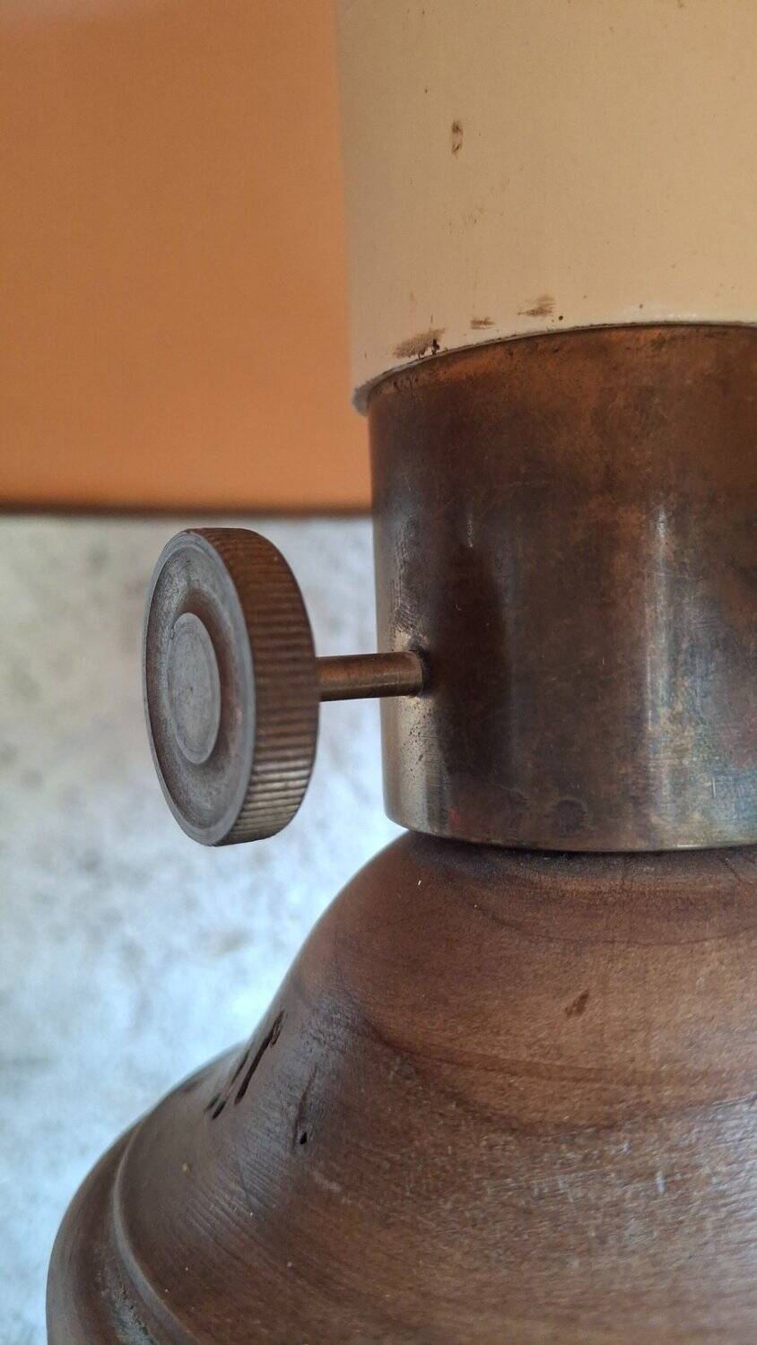 Antique turned wood lamp with engraved brass, Royal Adelaide.