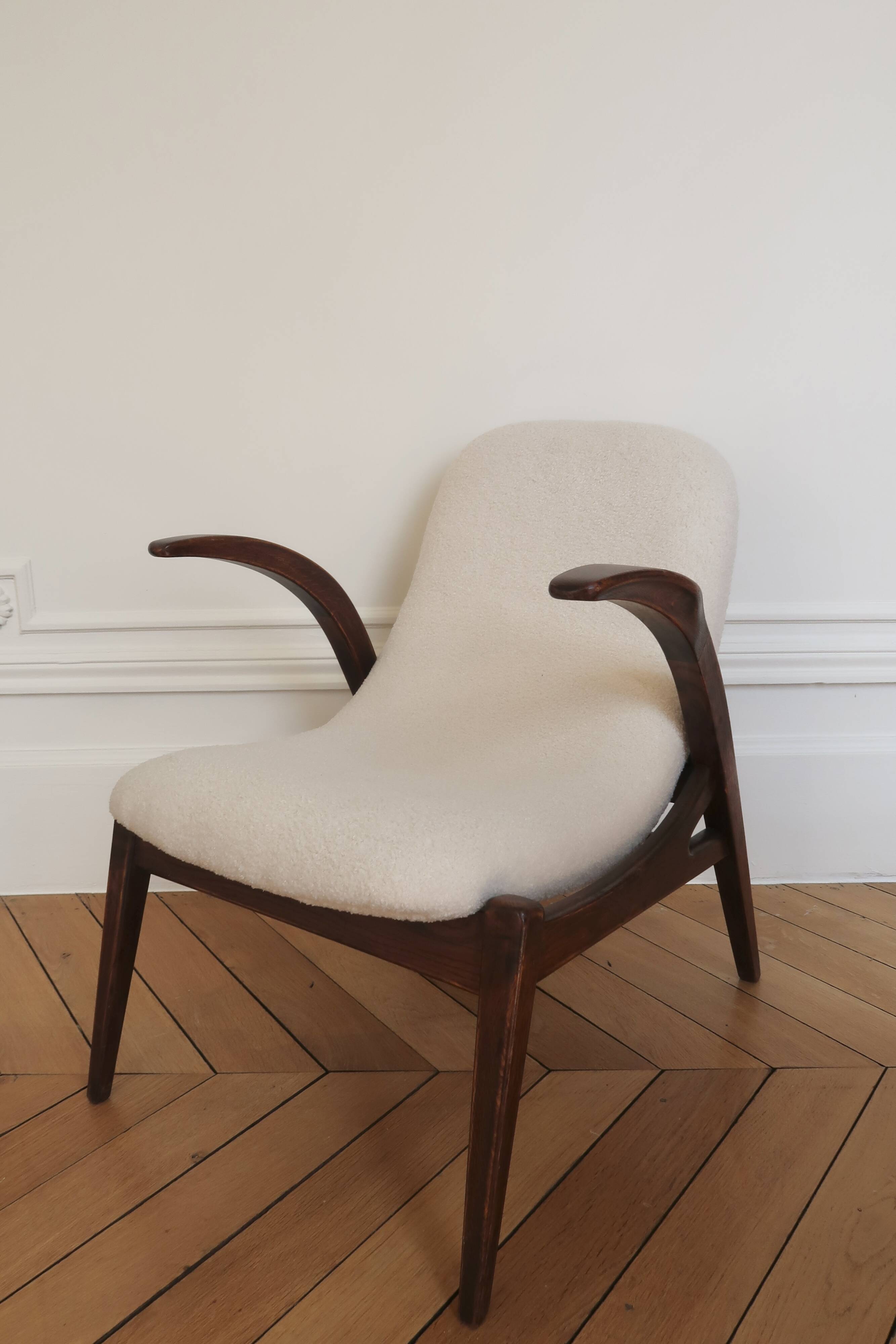 Two armchairs in wood and bouclé fabric by jan vanek, 1960s