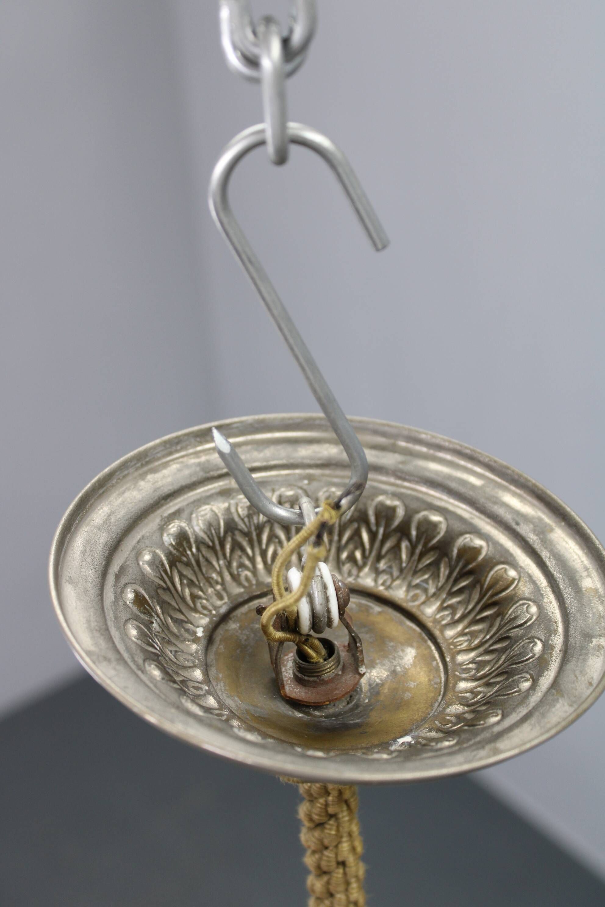 1930s European Secession–Art Deco pendant light with rope suspension and glass