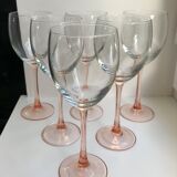 Set of 6 large pink-stemmed wine glasses Made in France 1970s