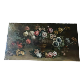 Vase et bouquet de fleurs huile sur toile Ecole Française XIXeme