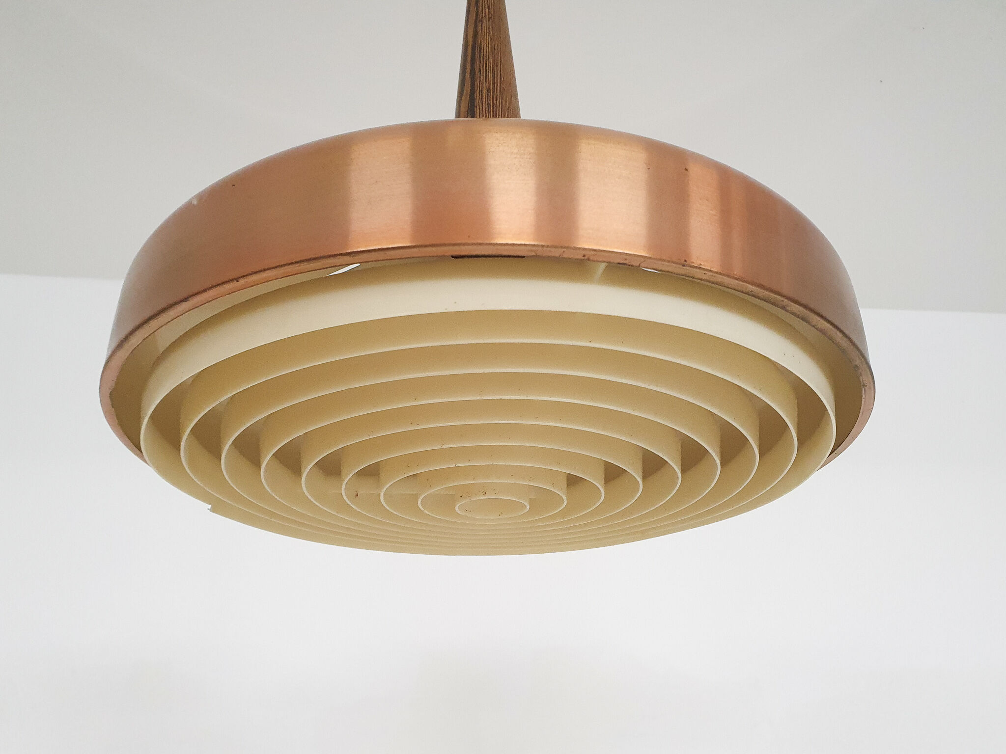 Sandinavian modern copper and wood pendant light, 1960's