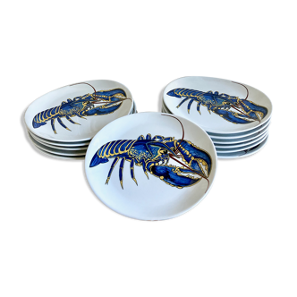 Service of 12 porcelain fish plates Pillivuyt lobster decoration