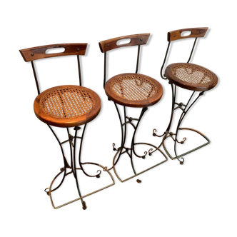 Set of 3 stools in cane, oak and wrought iron