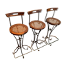 Set of 3 stools in cane, oak and wrought iron