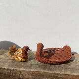 Duo of vintage wicker duck pans / empty rattan pocket