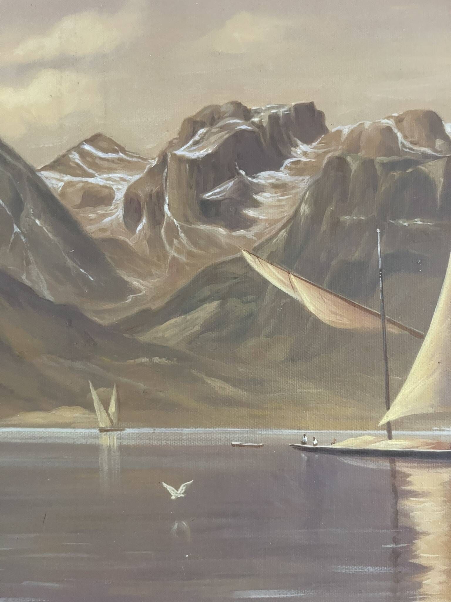 Oil Painting Canvas Landscape Mountain Lake Switzerland Signed Veillon