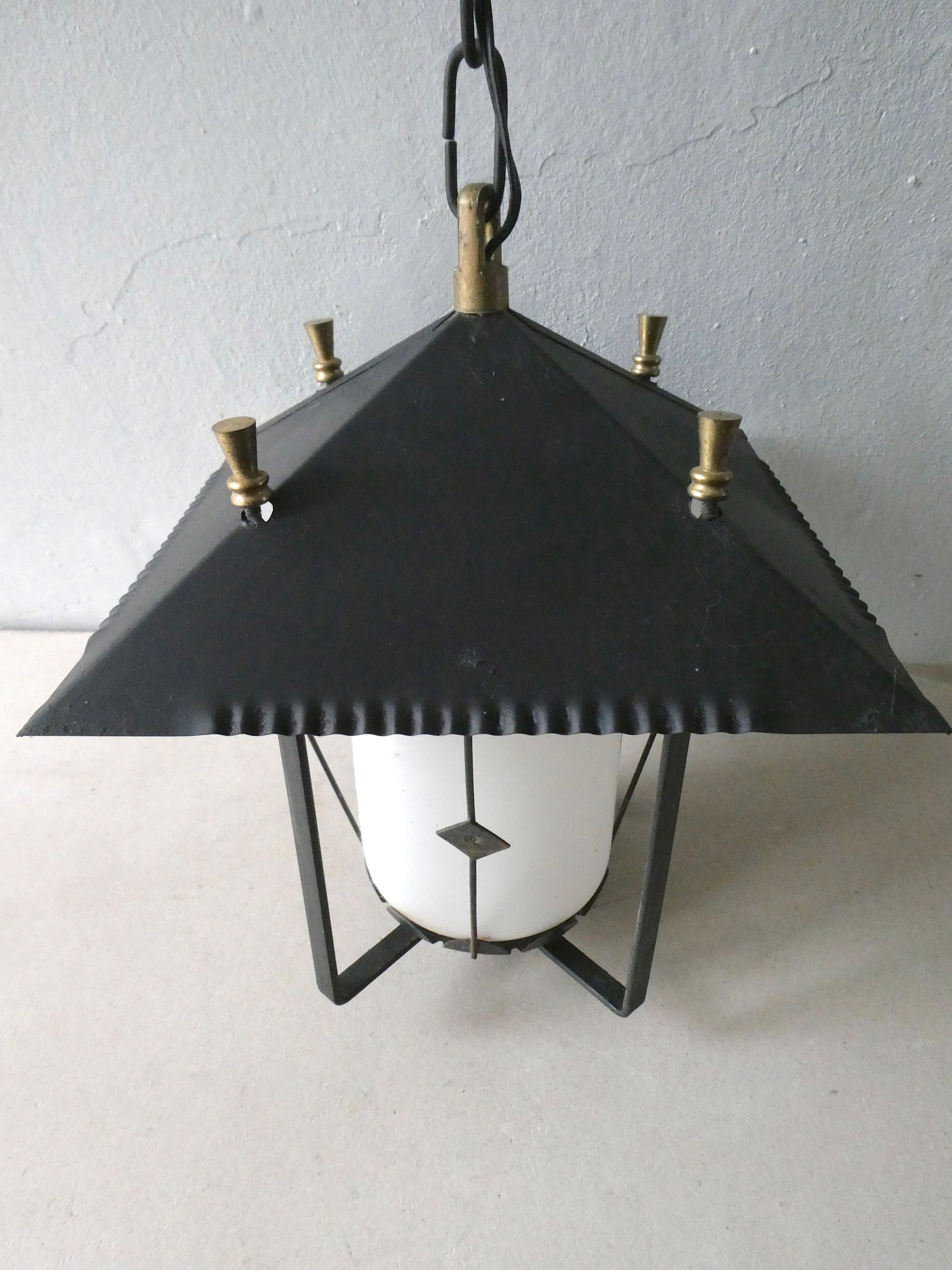 Lantern suspension in black metal and opaline of the 50s