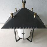 Lantern suspension in black metal and opaline of the 50s