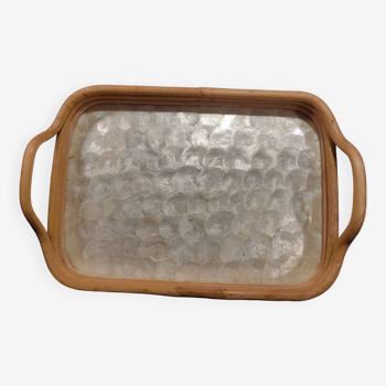 Vintage rattan and mother-of-pearl tray from the 60s
