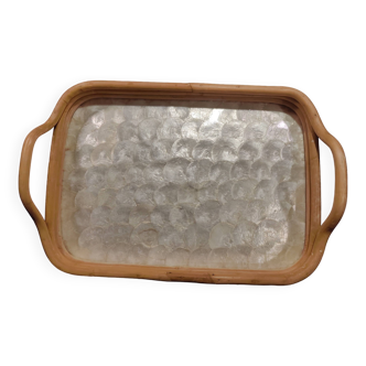 Vintage rattan and mother-of-pearl tray from the 60s