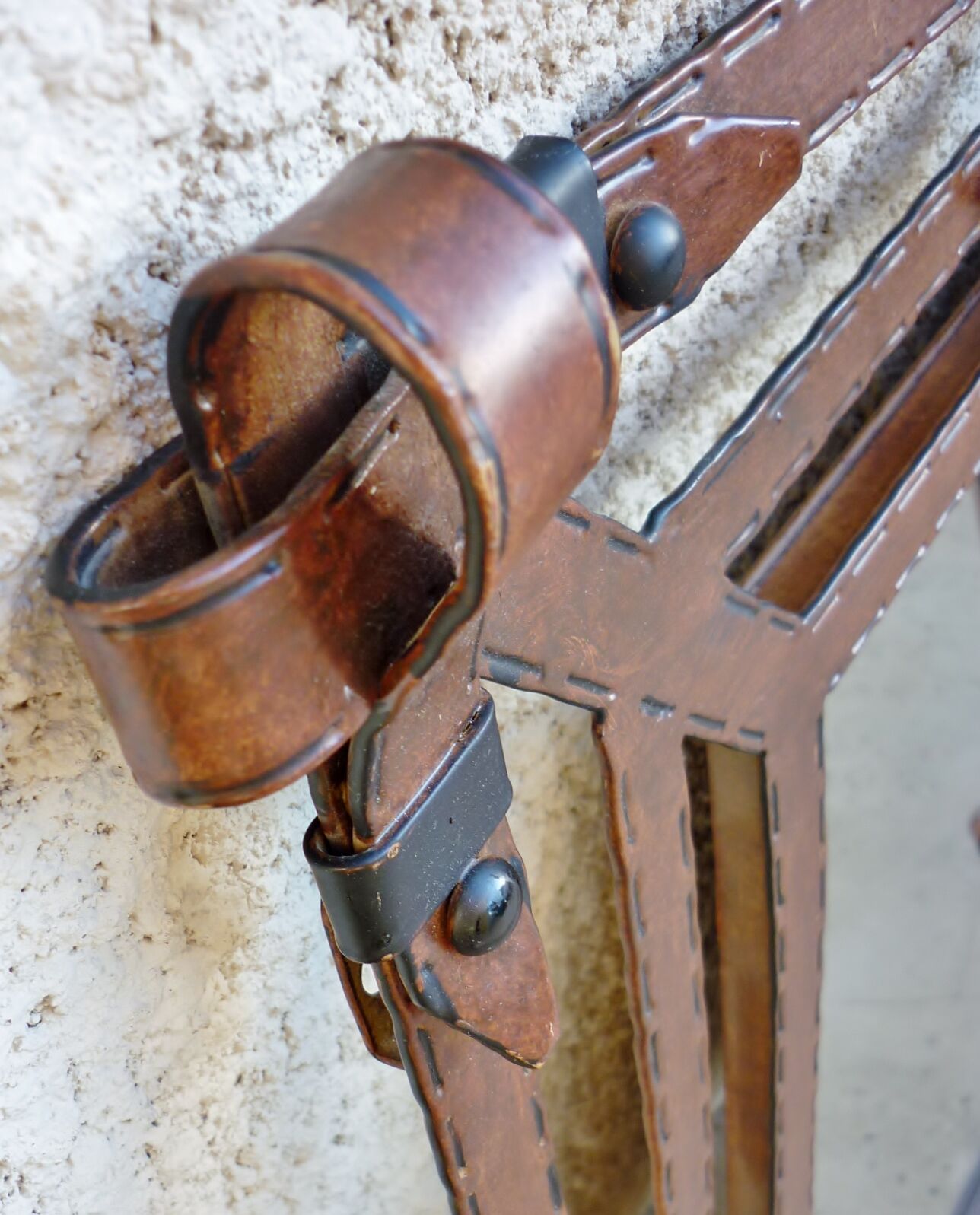 Metal mirror, wrought iron imitation leather straps and horse harness