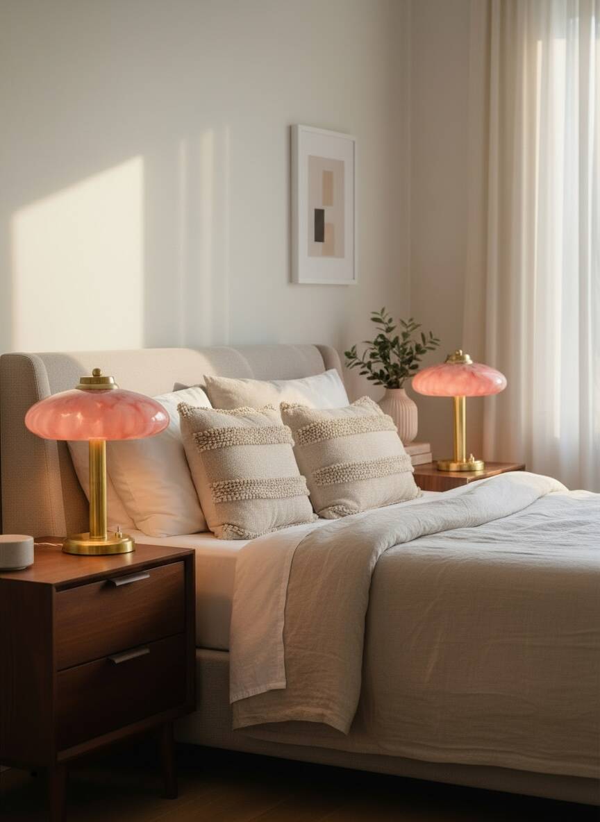 Pair of Art Deco mushroom table lamps, pink Clichy glass