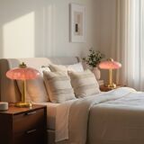 Pair of Art Deco mushroom table lamps, pink Clichy glass