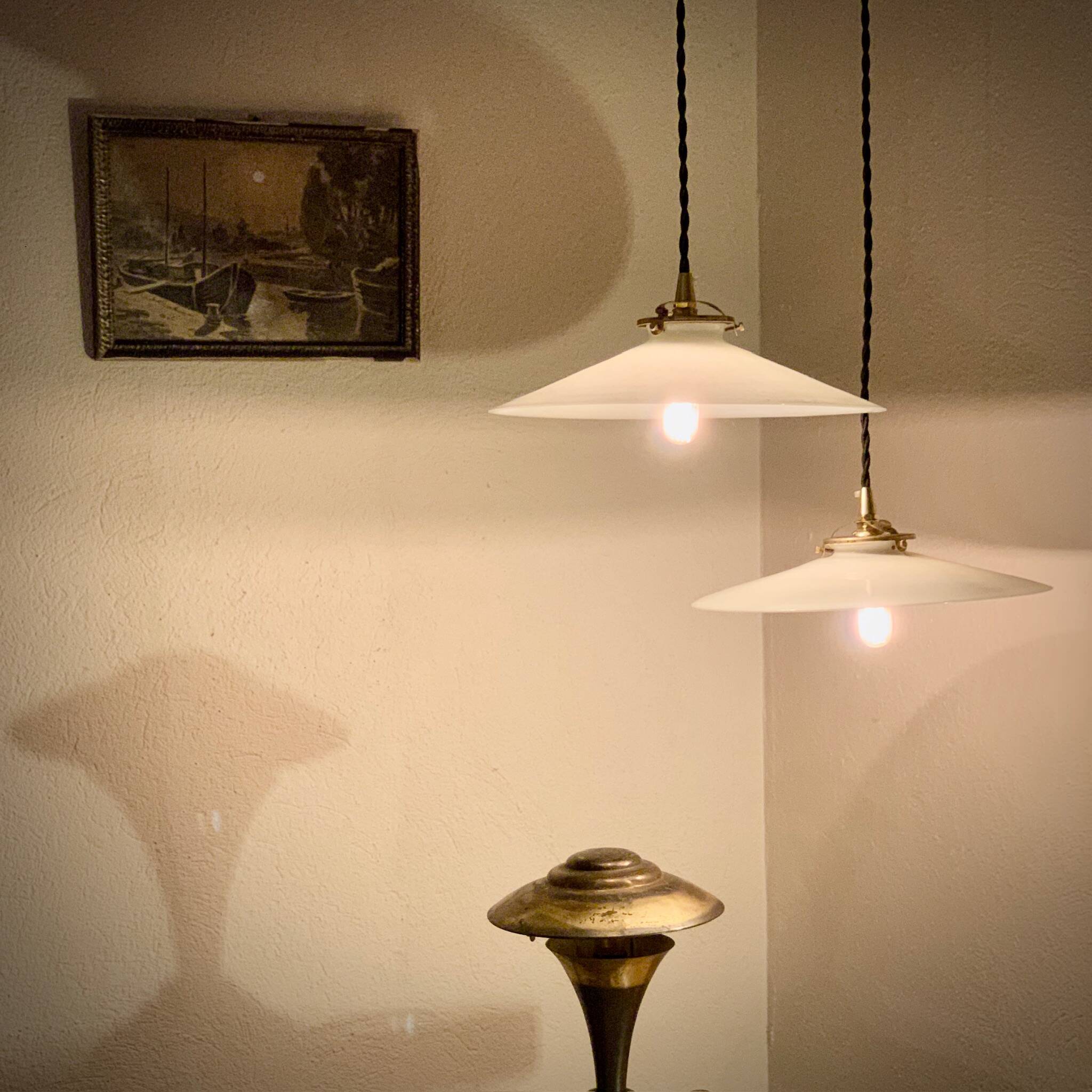 Pair of serrated opaline bistro pendant lights